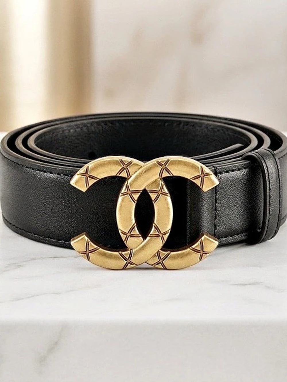 ChaneI Quilted Double C Logo Belt Black & Gold